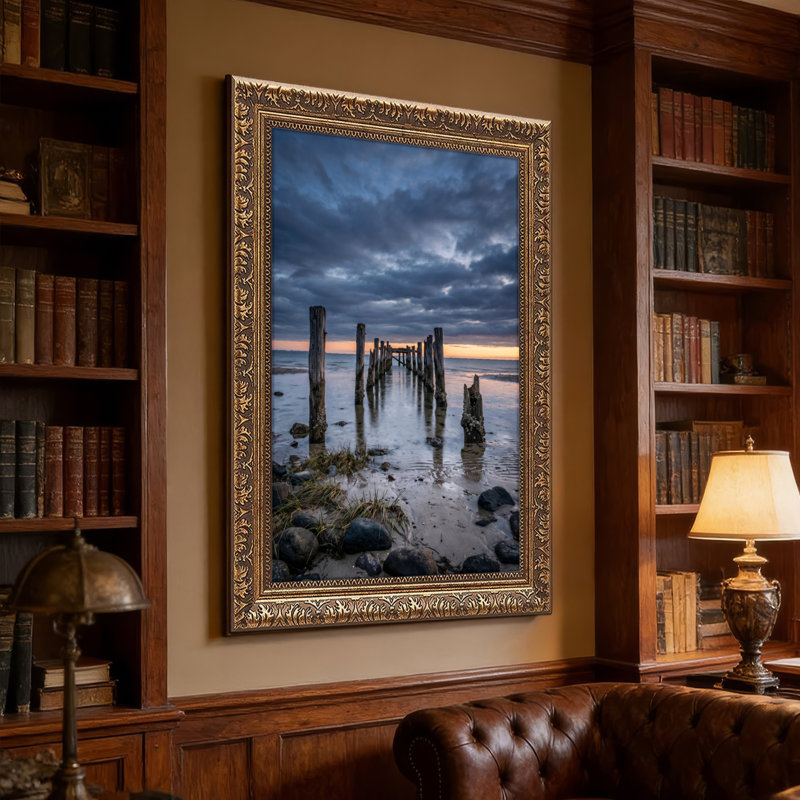 Art mural en toile noyer doré encadré pour salon, chambre à coucher, bureau ou vestibule - décoration murale décorative avec ciel dramatique