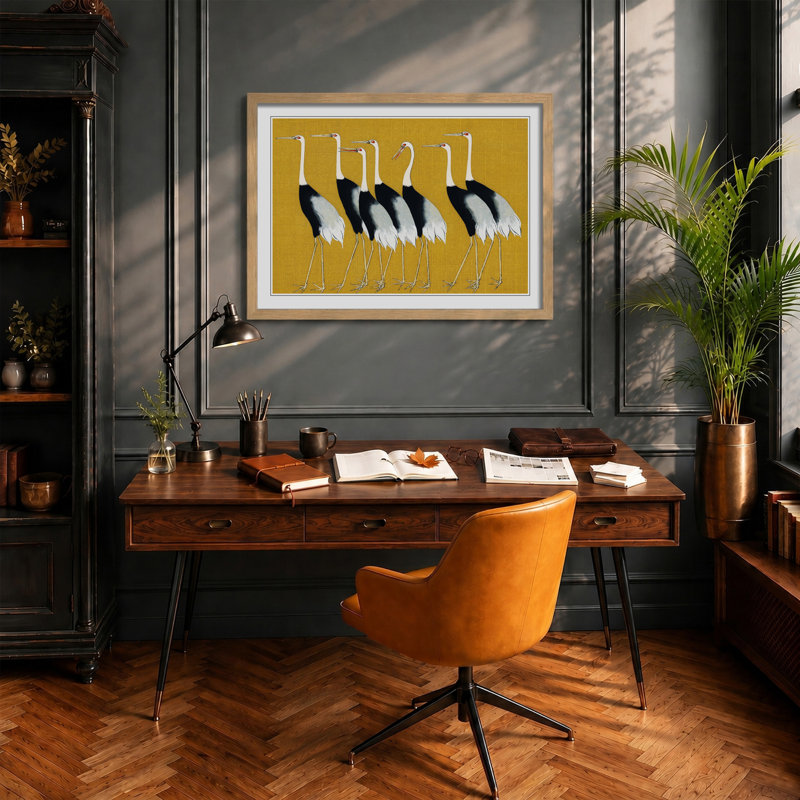 Japanese Crown Cranes by Ogata Korin - Framed Print, 33cm H x 45cm W x 2cm D, Black