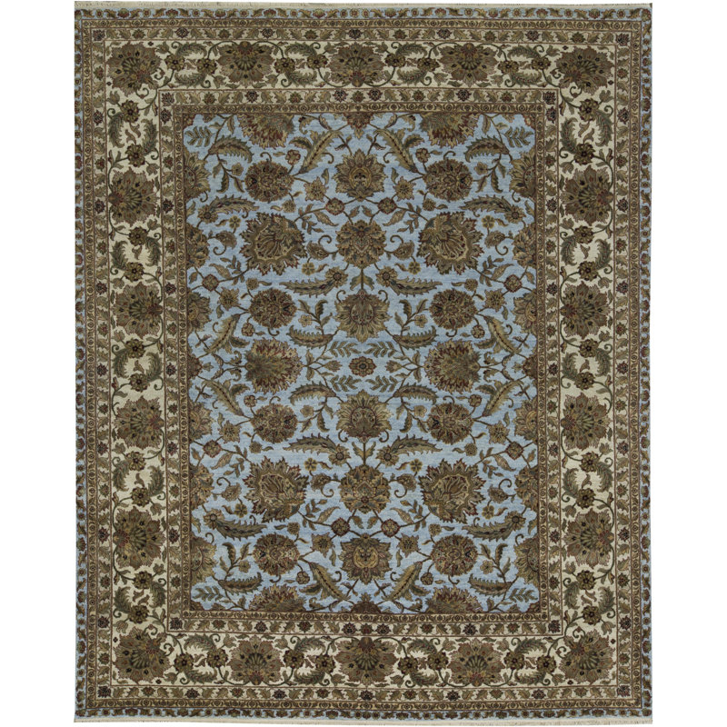 Tapis bleu clair et ivoire noué à la main de haute qualité