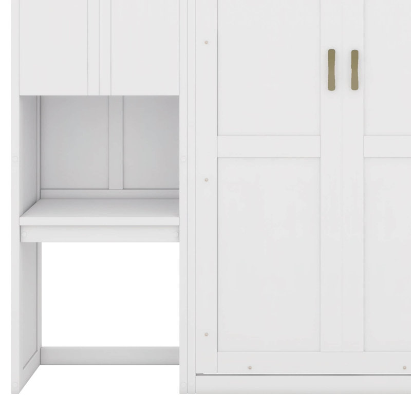 Grand lit escamotable avec bureau intégré, coiffeuse et armoires de rangement, Blanc