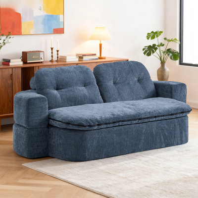 Dark Blue Convertible Foam-filled Floor With 2 Pillows, Corduroy Linen Fabric, No Assembly, Quick Unfold To Bed, Comfortable Cushions, Thoughtful Hidden Quilt, For Small Spaces Sleeper Modern Style,