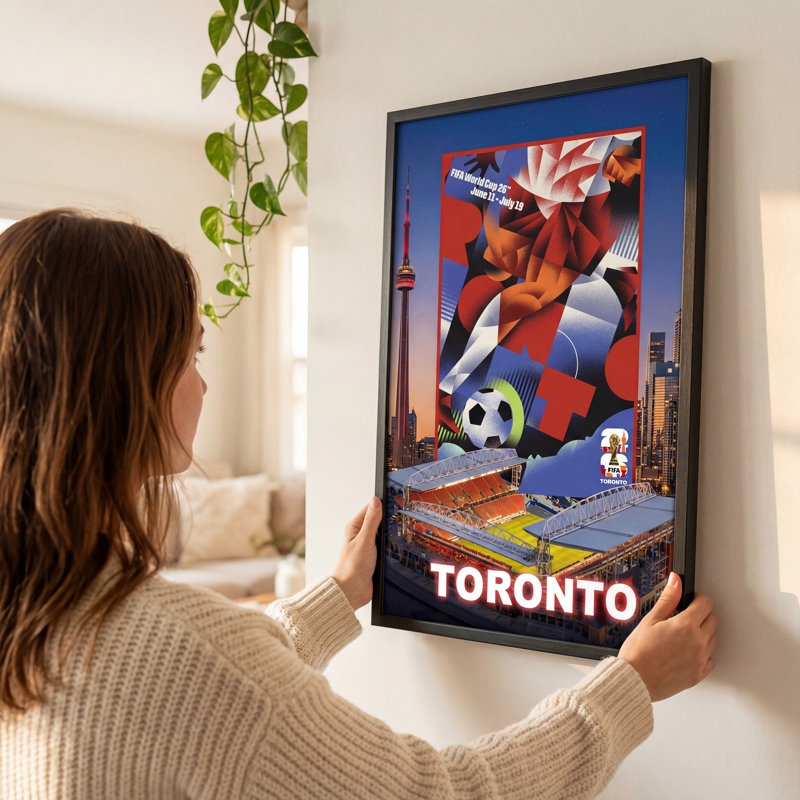 Affiche de la ville hôte de la Coupe du Monde de la Fifa 2026 de Toronto - ville hôte canadienne - cadre en forme de boîte-cadre - verre véritable - 19,5 x 28