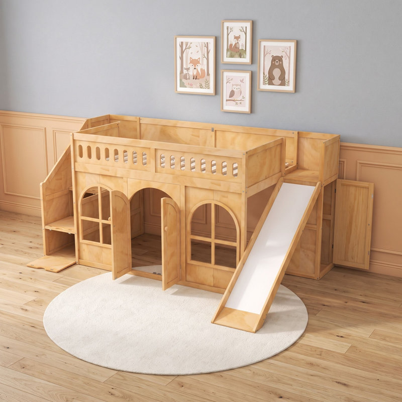 Lit mezzanine en bois avec glissade, escalier de rangement et armoire, Lit simple, Naturel