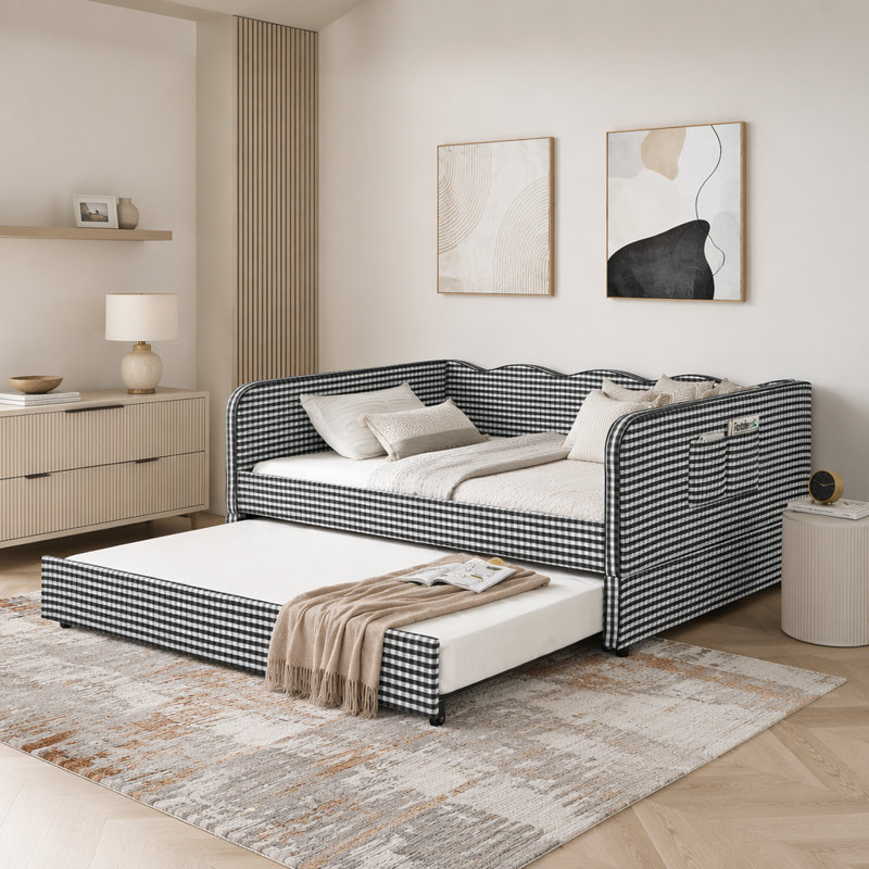 Lit de jour en vichy convertible 3 en 1 avec couchette et poches de rangement, Black