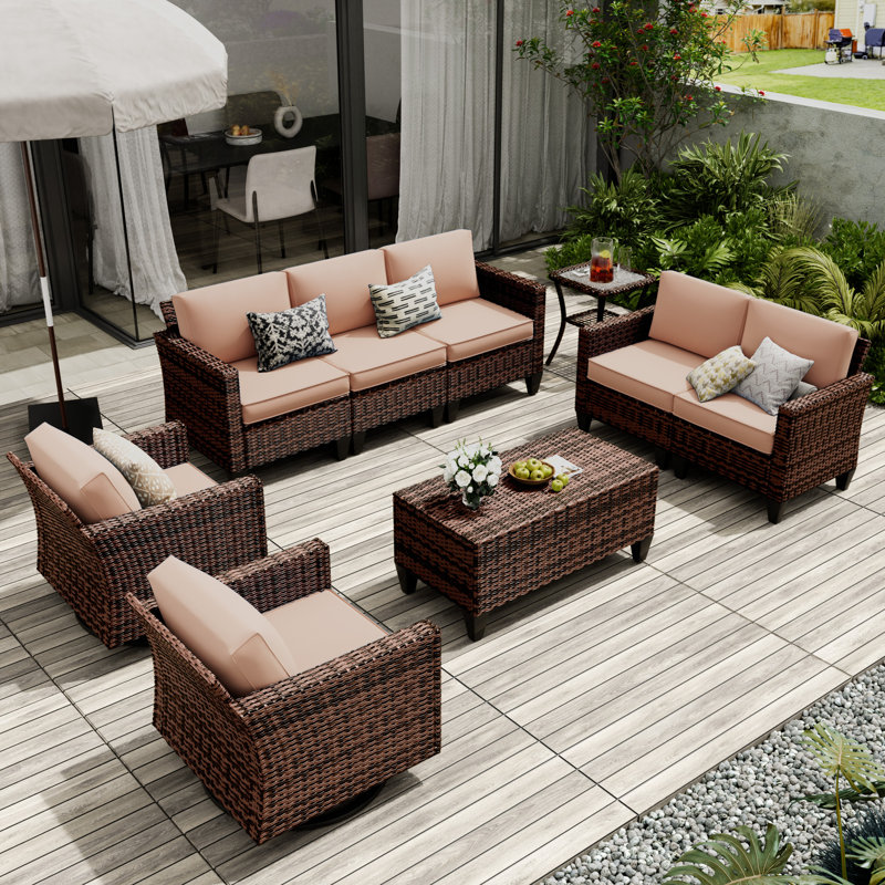 7 Person Sofa Set 6 Piece Outdoor Wicker Sofa With Swivel Rocking Chairs, Beige