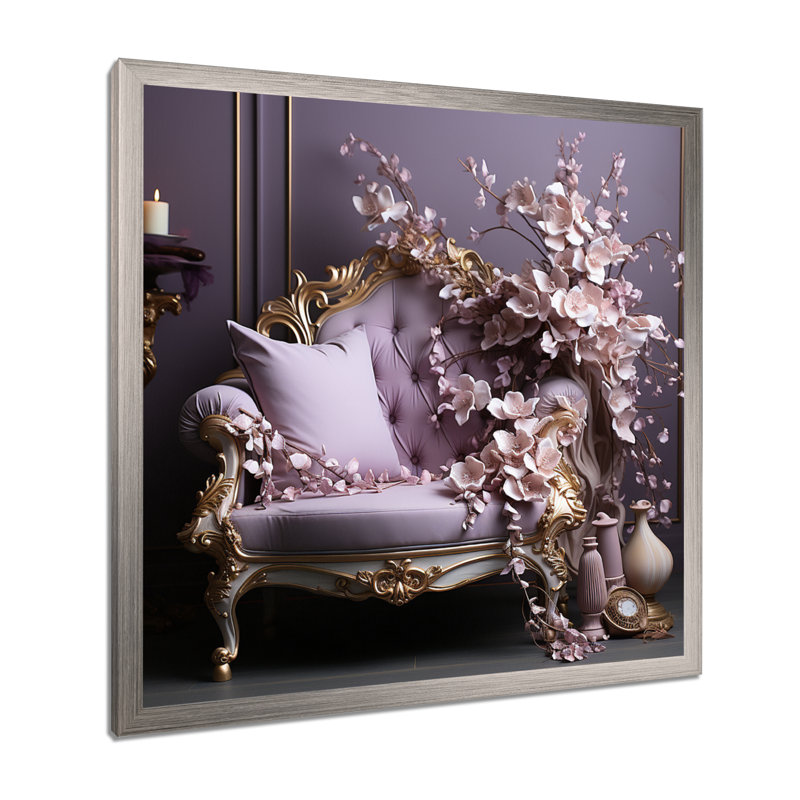 Canapé lilas orné d'accents dorés - lilas, art mural, H 30 po x l 30 po x P 1 po, Cadre simple argenté