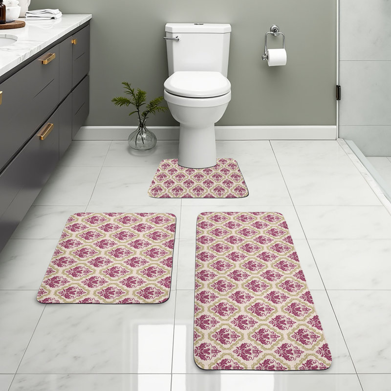  Vintage Bathroom Rug Set 3 Pieces U-Shape & Rectangle Mats Sand Brown Champagne