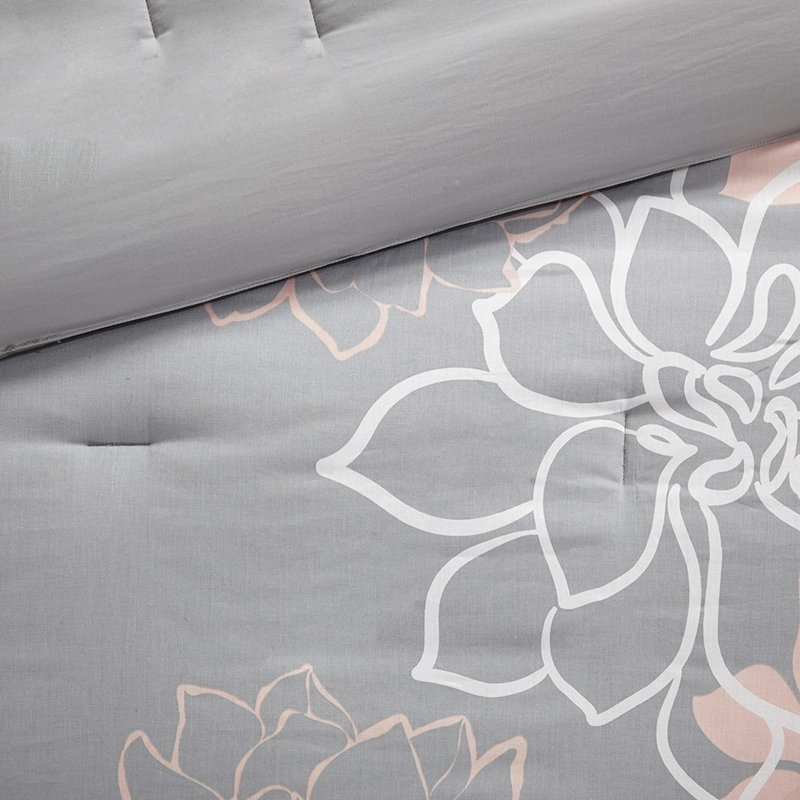 Ensemble d'édredon en coton 7 pièces, Gris; pêche, Édredon lit simple + 6 pièces incluses