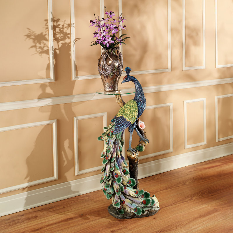 Life-Size Peacock Sculptural Glass-Topped Pedestal Table
