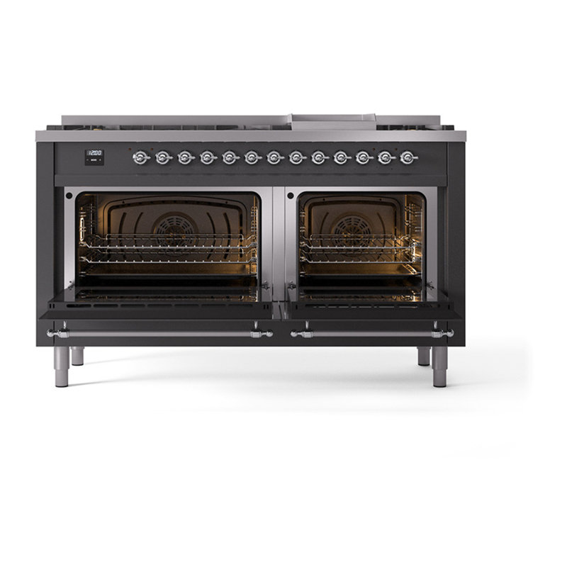 ILVE Nostalgie II Noblesse 60 in Dual Fuel Range, 9 Burner, Griddle, Graphite Matte/Chrome, Natural Gas