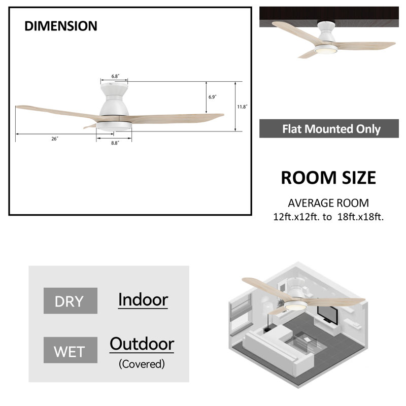 Ventilateur de plafond à moteur à courant continu de 52 po avec lumières DEL et télécommande, Bois d'érable blanc