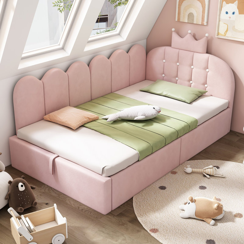 3ft Velvet Upholstered Daybed With Hydraulic Storage, Crown & Lattice Design, Sofa Bed 90x190 Cm, No Box Spring – Beige, Pink