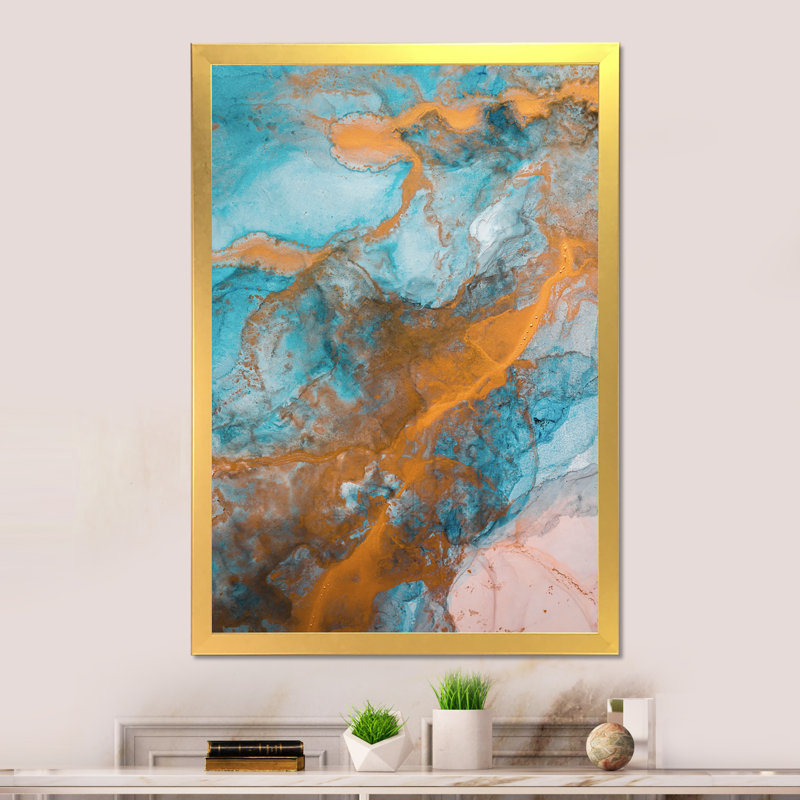 Turquoise luxueux et écoulement de marbre doré - peinture, Cadre photo doré, H 32 po x l 16 po