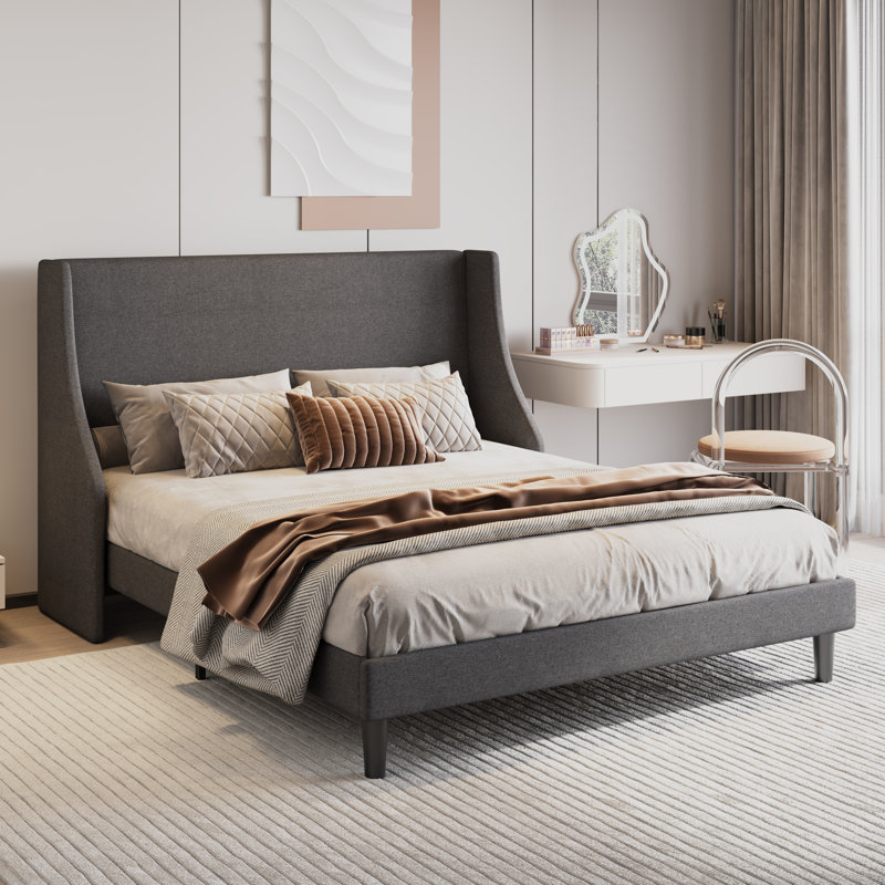 Lit plateforme tapissier Toderick avec aile de luxe et mélange de lin, Gris foncé, Grand