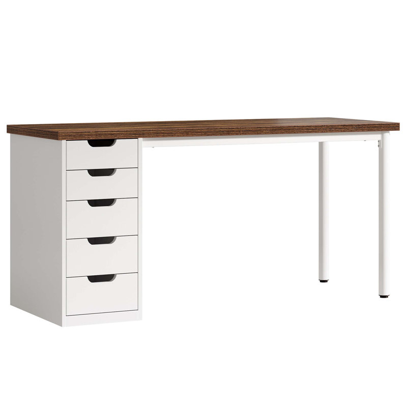 47-Inch Modern Computer Desk with 5 Drawers and Reversible Cabinet, Rustic Brown and White, Ideal for Small Spaces and Home Offices
