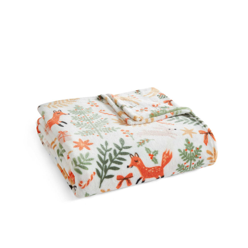 Martha Stewart Printed Ultra Soft Plush Throw Blanket, Bois blanc des Fêtes blanc