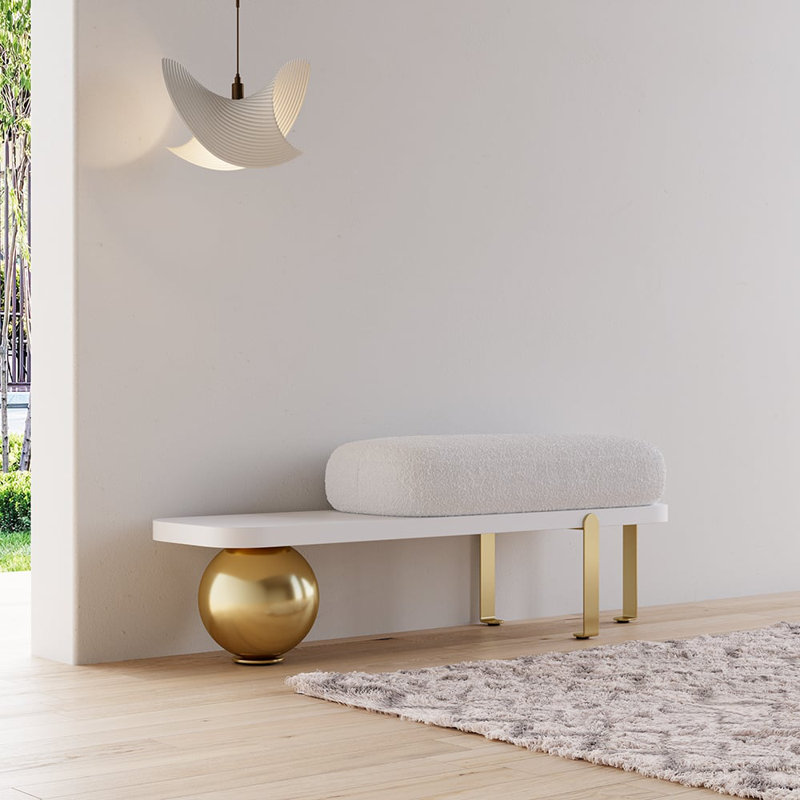 Boucle Upholstered Bench, Gold/White