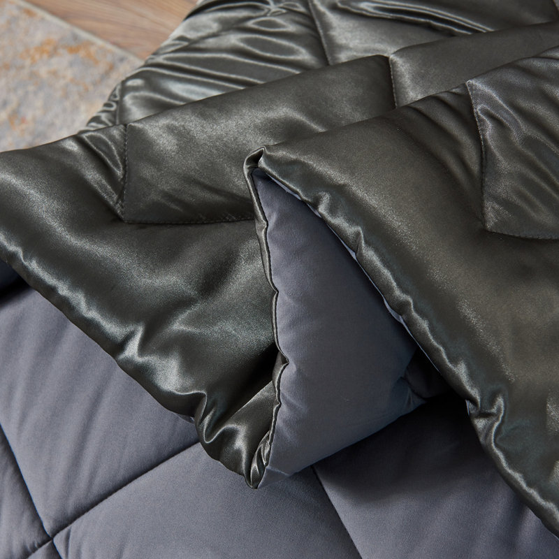 Zadie Reversible Satin Comforter Set, Dark Gray, Twin Comforter + 5 Additional Pieces