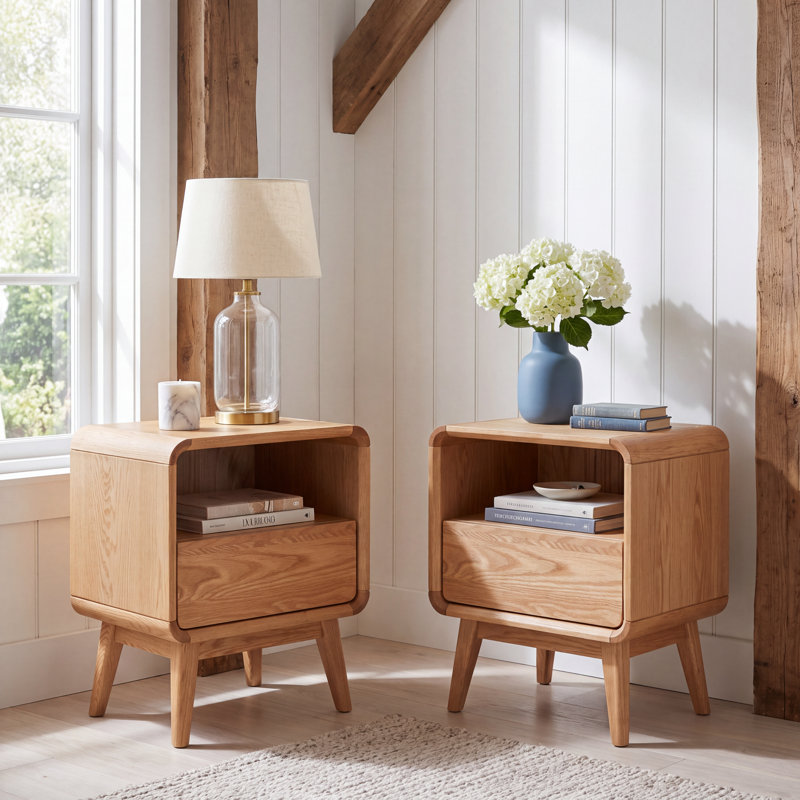 MCM Set of 2 Solid Wood Nightstand With 1 Drawer and Open Shelf, Oak