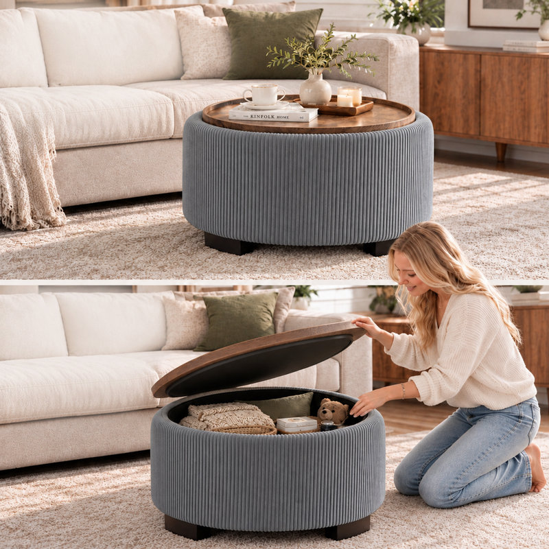 Pouf de rangement rond de 76 cm avec couvercle rabattable, compartiment de rangement dissimulé, tabouret d'appoint pour salon