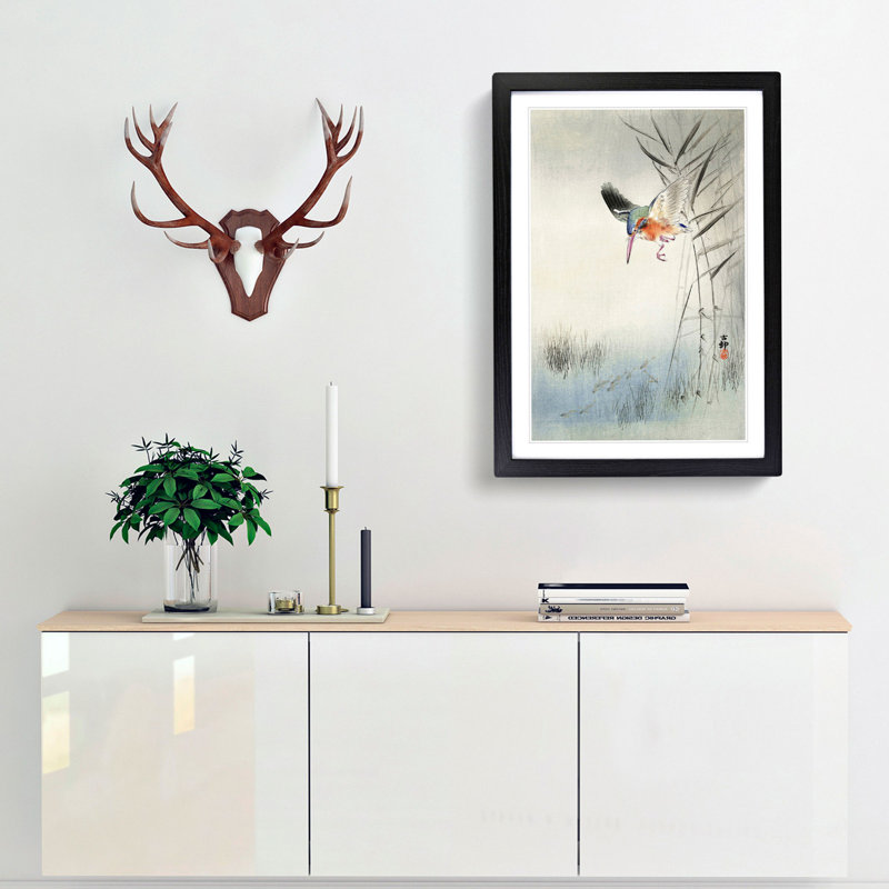Hunting Kingfisher by Ohara Koson - Framed Print, 91cm H x 60cm W x 2cm D, Black