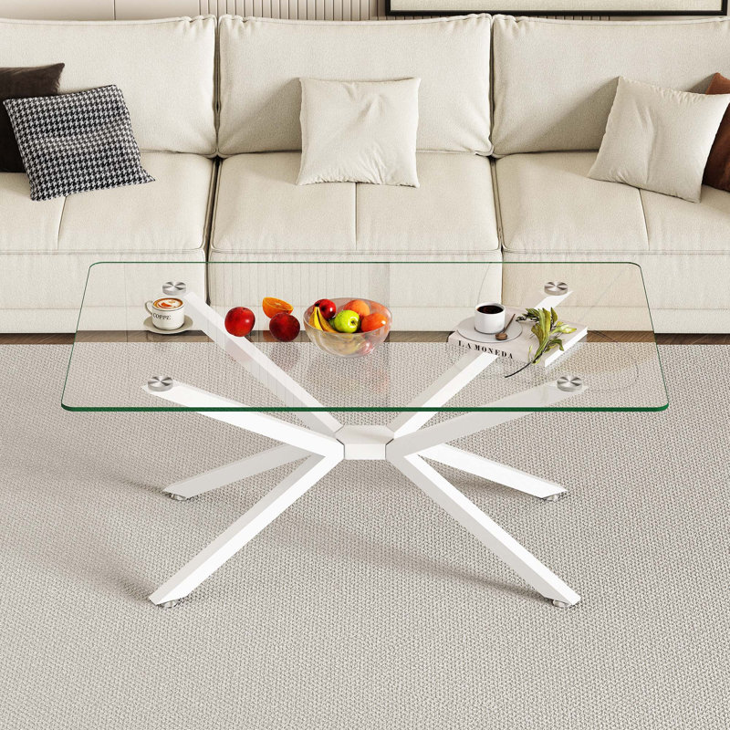 39.37" Rectangle Clear Glass Glass Coffee Table, White
