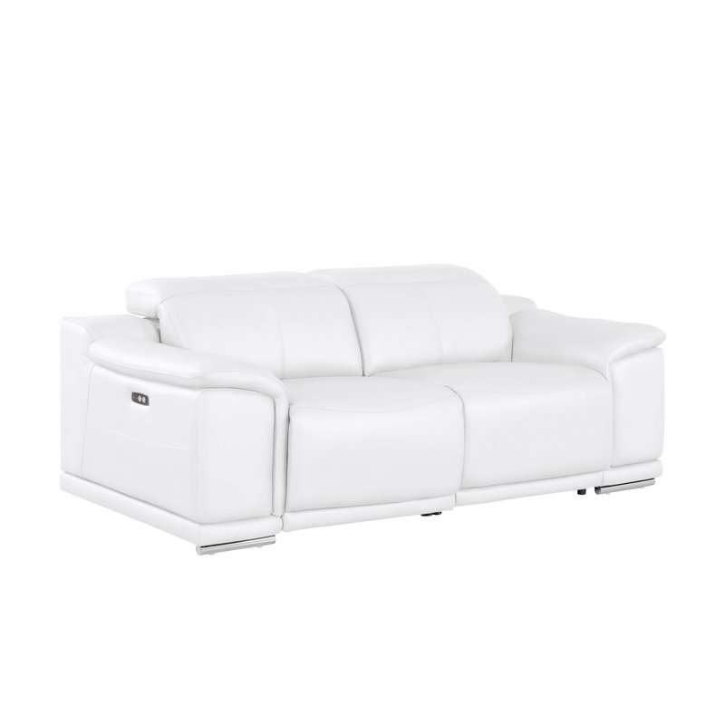Genuine Leather Loveseat With Dual Power Recliners, White