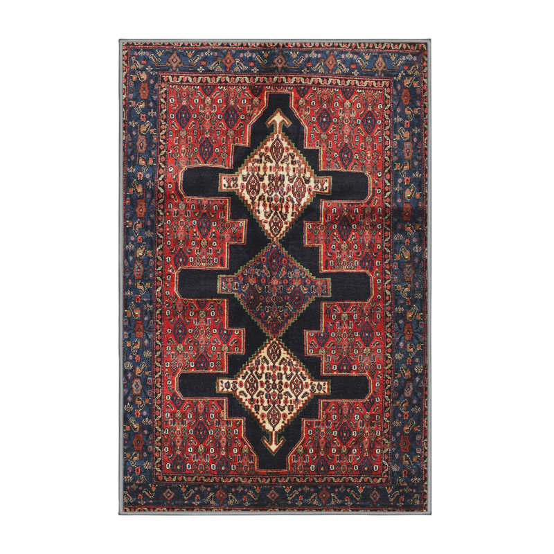 Tapis traditionnel rouge / noir, Rectangle 3 pi x 5 pi