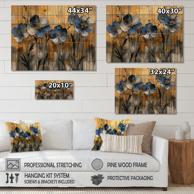 Minimalisme, coquelicots, symphonie tropicale dorée - coquelicots, art mural sur bois de pin naturel, H 24 po x l 32 po