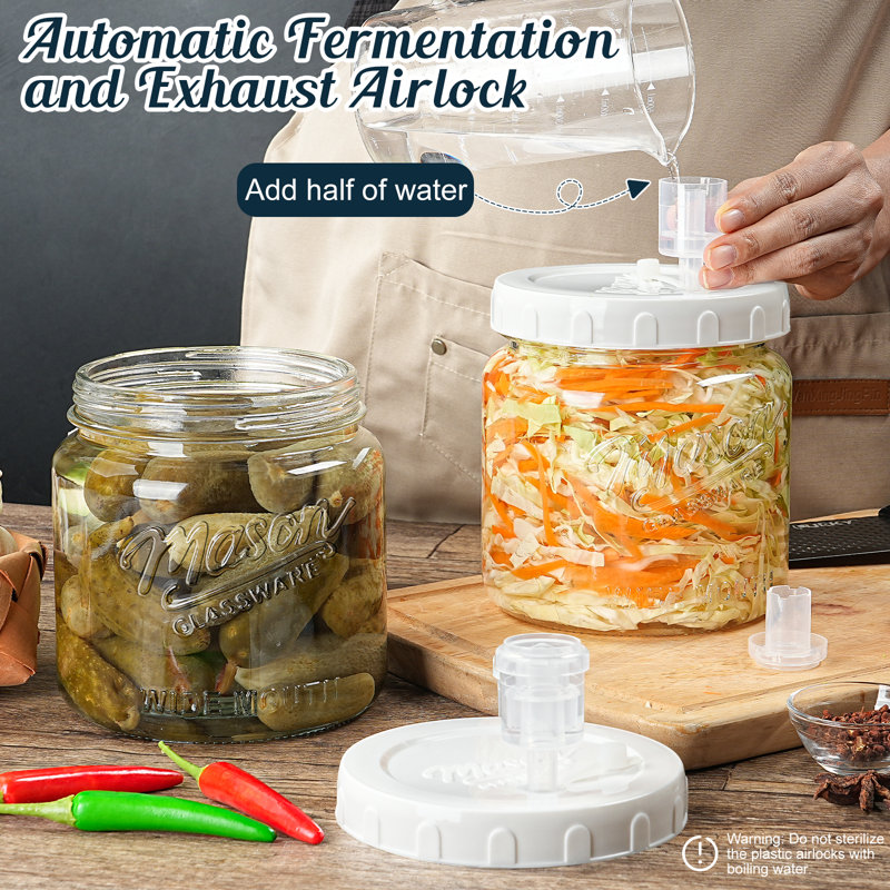 Paquet de 2 pots de fermentation avec 3 sas, pots en verre demi-gallon avec couvercle hermétique, pot Mason à bouche large de 64 oz avec ligne d'échelle pour le marinage, la fabrication de moules, le kimchi, le levain et les contenants alimentaires