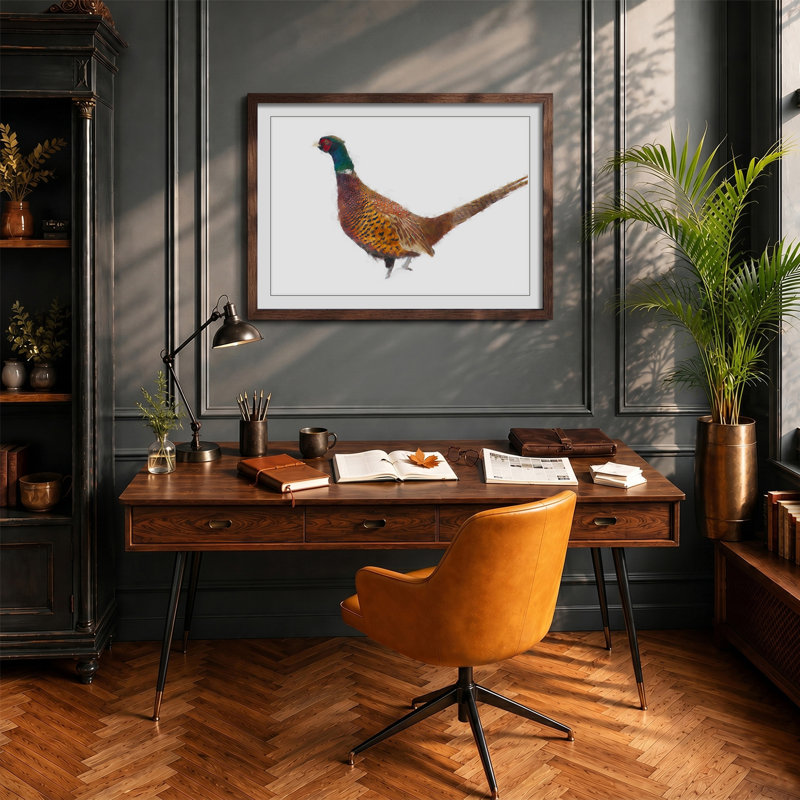 Pheasant Bird in Winter - Framed Print, 62cm H x 87cm W x 2cm D, Walnut