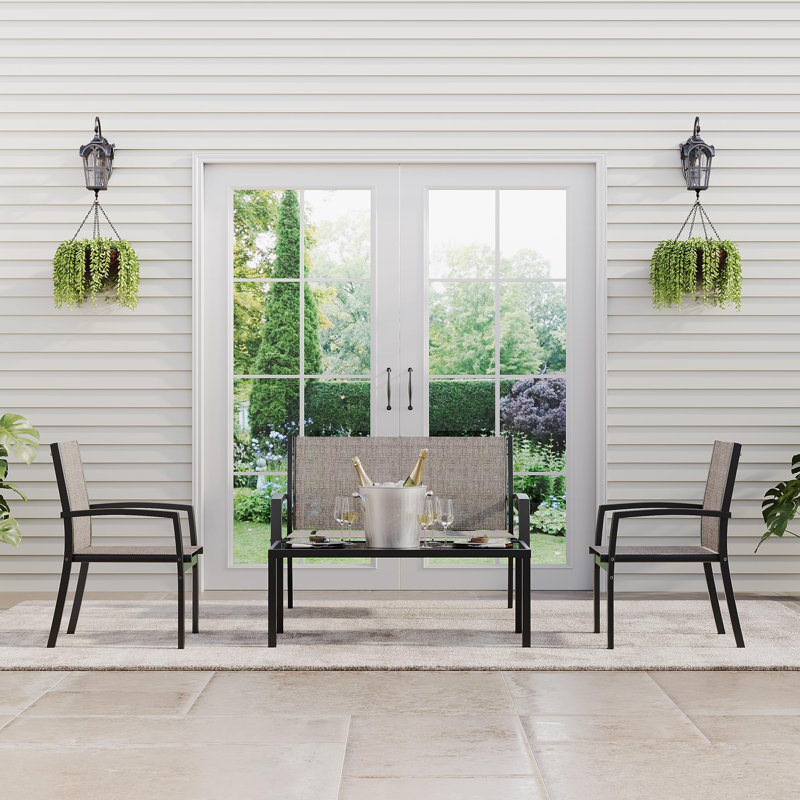 4-Piece Outdoor Patio Conversation Set with Loveseat, 2 Chairs & Tempered Glass Coffee Table, All-Weather Textilene Fabric & Metal Frame for Backyard, Poolside or Garden
