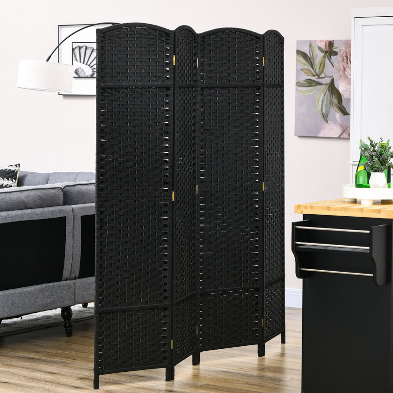 Paravent pliable 4 panneaux By. Cloison de 5,6 pi pour la maison. Noir avec élément tissé à la main et plateau arqué attrayant. Chambre polyvalente, bureau. Structure en bois, sangles en polypropylène. Léger,