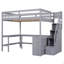 Lit mezzanine double avec bureau intégré en forme de L, tablettes de rangement à trois niveaux et escalier de rangement attaché