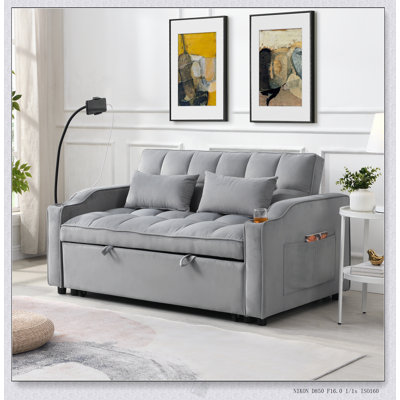 Canapé-lit futon moderne en velours avec lit gigogne, dossier inclinable réglable, coussins décoratifs et poches, canapé-lit convertible 3 en 1