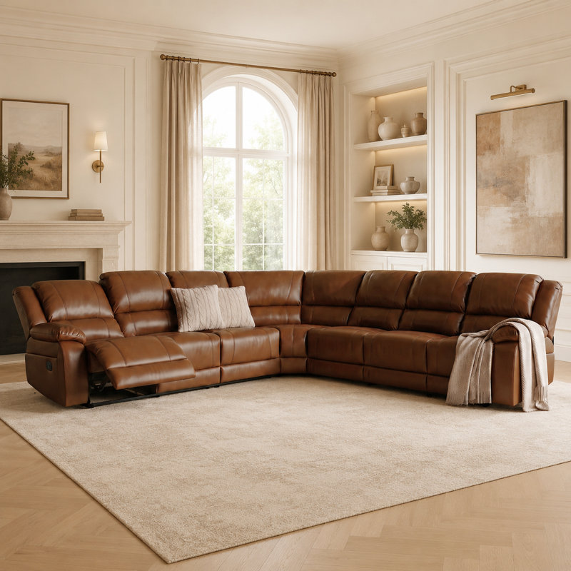 Canapé modulaire inclinable manuel en similicuir 7 places pour le salon, Light Brown