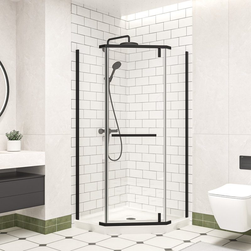 35.56" D x 35.56" W x 72" H Pivot Shower Enclosure with 1/4" Clear Tempered Glass, Frameless Shower Enclosure with Explosion-Proof Film and Nano Coating, Neo-Angle Shower Door in Matte Black Finish, Reversible Installation