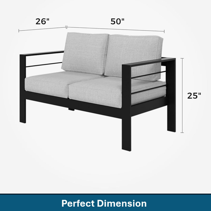 Ensemble de conversation moderne en aluminium 4 pièces pour patio, canapé 4 places avec coussins gris clair épais et structure noire et table basse