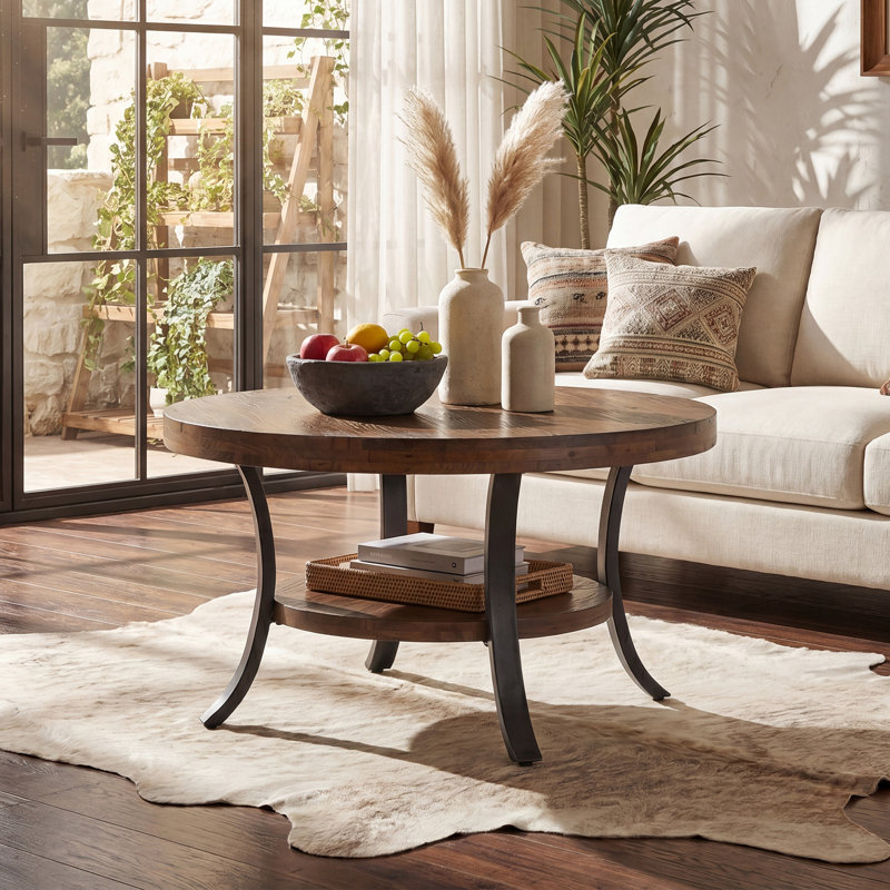 2 Tier Round Solid Wood Coffee Table With Storage, Rustic Brown