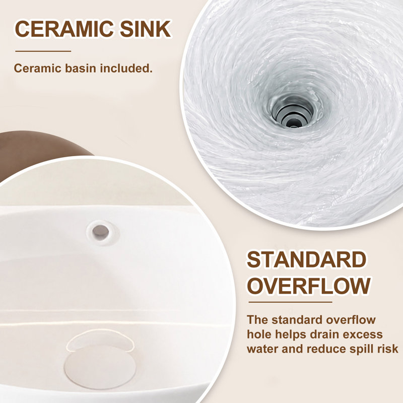 Meuble-lavabo suspendu de 40,6 cm (16 po) avec lavabo en céramique, porte à fermeture douce et rangement, blanc, Brown