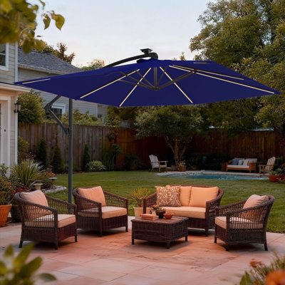 8.2ft Patio Offset Umbrella, Heavy Duty Outdoor Umbrella with Safety Lock & Raised Pole & 8 Light Strips