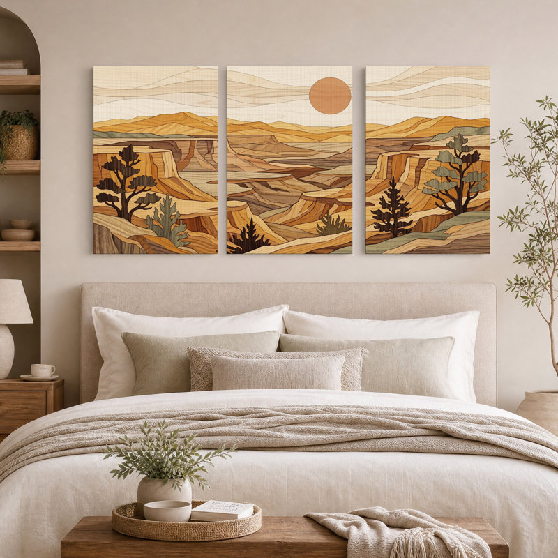 Ensemble de 3 toiles murales représentant un paysage de canyon avec soleil et grain de bois, H 30 po x l 20 po x 3 pièces