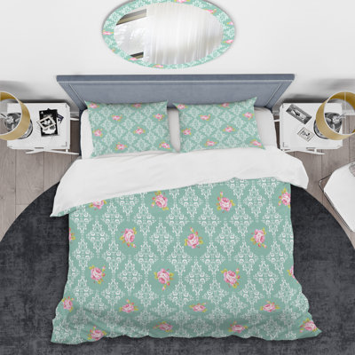 Green and Pink Damask - Abstract Duvet Cover Set - Microfiber Polyester