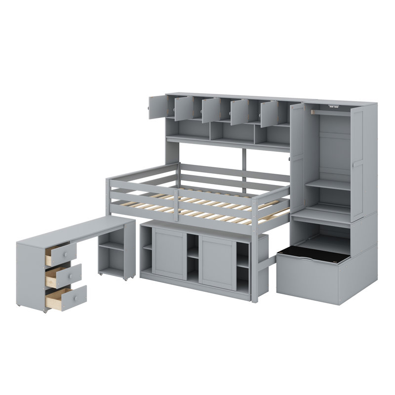 Lit mezzanine multifonctionnel avec escalier, bureau, armoire et armoire Jazhari, Plein, Gris