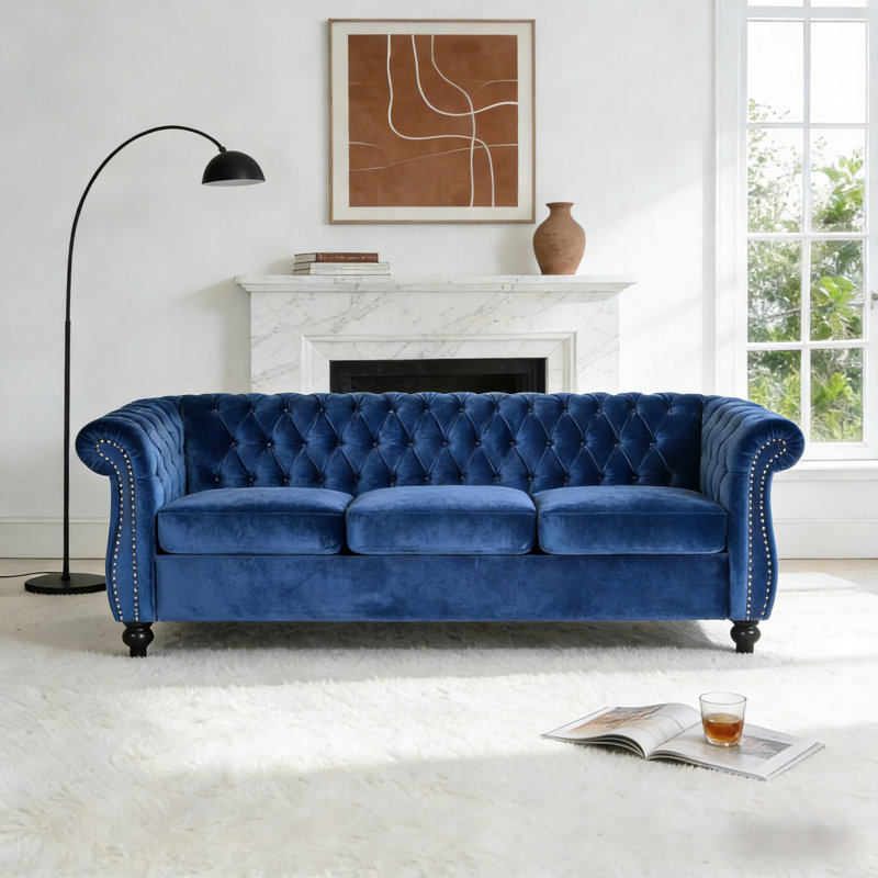 Canapé Chesterfield de 84 po, canapé capitonné 3 places avec garniture cloutée et accoudoirs à volutes, canapé de salon à profil bas