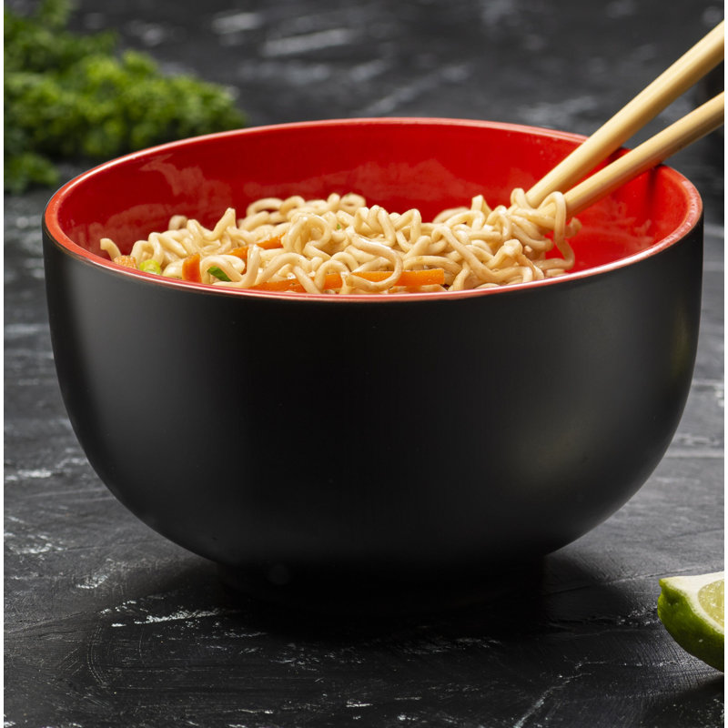 Kook 34 Oz Black & Red Deep Ceramic Ramen Bowl Set of 4