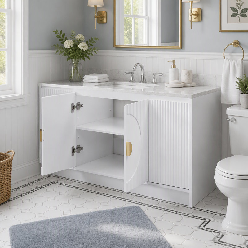 Wall Mount Bathroom Vanity Cabinet without Sink, Fluted Doors, Soft Close Drawers and Doors, Gold Handles, White Finish