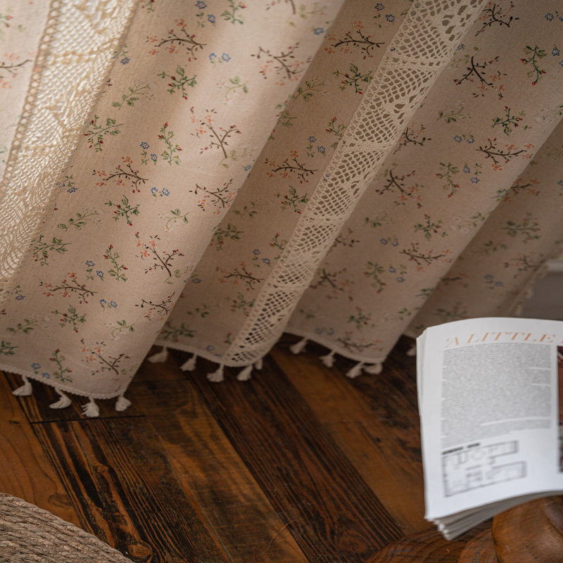 Rustic Floral  Semi Sheer Cotton Linen Blend  Drapes Curtain(2 Pieces), 52" W x 63" L