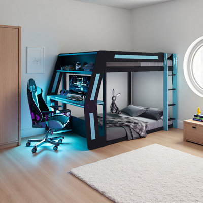 Full-Size Gaming Bunk Bed With Side-Mounted Oversized RGB Desk, USB Charging Ports & Cable Grommet, LED Light Strip
