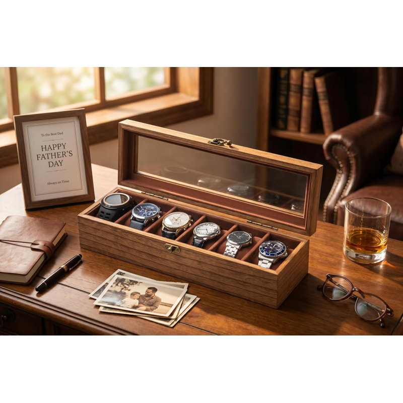 Boîte à montre pour hommes et femmes - grand couvercle en verre, boîte de rangement en bois avec 6 fentes, organisateur rétro Burlywood